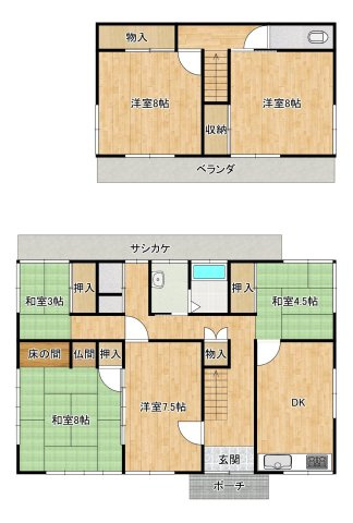 山口市阿知須　戸建ての間取り|部屋数の多い6DK物件です。