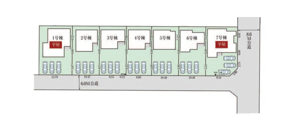 新築　太田市岩松町3期　1号棟　GRAFAREの区画図|全7区画の1号棟です。土地約73坪。