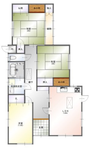 福井市三郎丸　平屋のお家の間取り