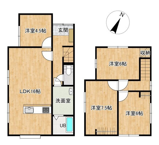 周南市大字久米　戸建ての間取り|広々16帖のLDKと全室洋室の使いやすい4LDK！1階の4.5帖はテレワークや客室に最適です。水回りがまとまった家事動線と、全居室2面採光による明るく風通しの良い快適な住空間が魅力です
