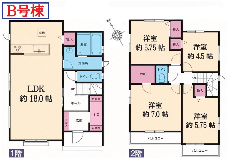足立区青井6丁目新築戸建て【全2棟】の間取り|18帖LDK×4洋室のゆとりある間取り。WIC・SICなど収納力も充実！