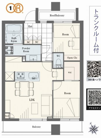 ライオンズステージ平井の間取り|3LDK バルコニー面積8.9㎡ 専有面積53.17㎡。最上階・角部屋につき日当たり・通風ともに良好。トランクルームや大型収納、ルーフバルコニーも備えた暮らし心地と利便性を両立した住環境が魅力的です。