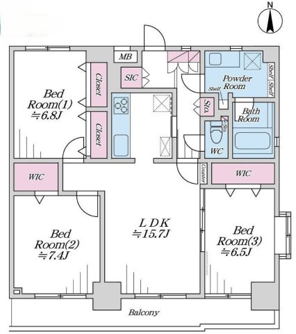 グランドヴィラ津田沼の間取り|3LDK 専有面積84.55m2 バルコニー面積12.75m2。6階建ての最上階・角部屋につき日当たり・通風・眺望ともに良好です。大型収納も備えており、心地よさと機能性を両立した住環境が魅力です。