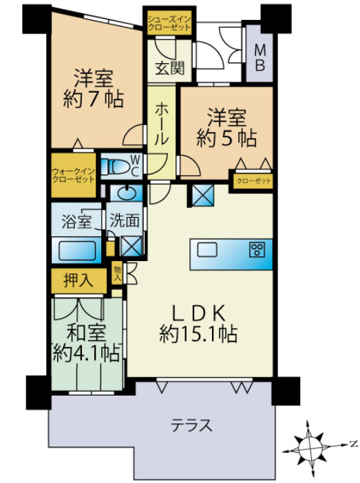 サンパーク青山テラスの間取り|ゆとりある3LDKの間取り♪ご家族それぞれのお部屋を確保しやすく、快適に暮らせます！