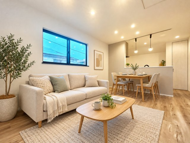 杉並区下井草2丁目　新築戸建の居間・リビング|ご家族が自然と集まり会話が弾む、笑顔を育む明るい居住空間です。（家具は全てCGです）

現地ご見学希望・資料請求などお気軽にお問い合わせ下さい！
03-5990-5201