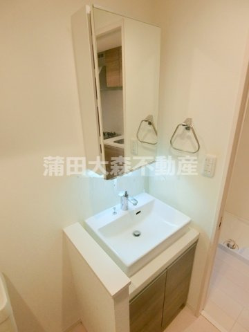 ウェルスクエア蒲田EASTの洗面所|鏡裏収納の独立洗面台　洗面脱衣所　