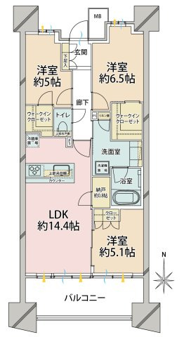 ■3LDK+2WIC+N、専有面積：74.02平米、バルコニー面積：12.40平米
