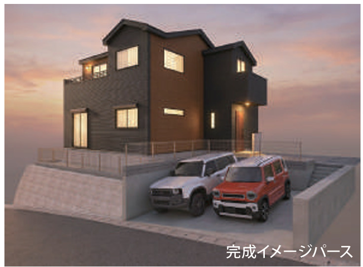金沢区富岡西4丁目　新築戸建ての外観パース|ワントーンのモダンカラーの外観は建売感もなく他の家との差別化がしっかりされているのも嬉しいですね。