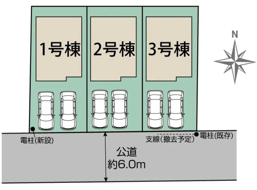 【Blooming Garden】国分寺市北町１丁目の区画図|並列2台分の駐車スペース完備！
前道が6ｍあるので、車庫入れが苦手な方でも安心して入れられます。