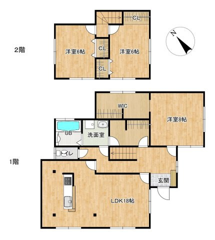 下松市生野屋西３丁目　戸建ての間取り|広々とした18帖のLDKには対面式キッチンを採用！1階には大型WICと洋室8帖があり、主寝室や家事動線にも優れています。全居室に収納を備え、家族みんなが快適に過ごせる機能的な3LDKです