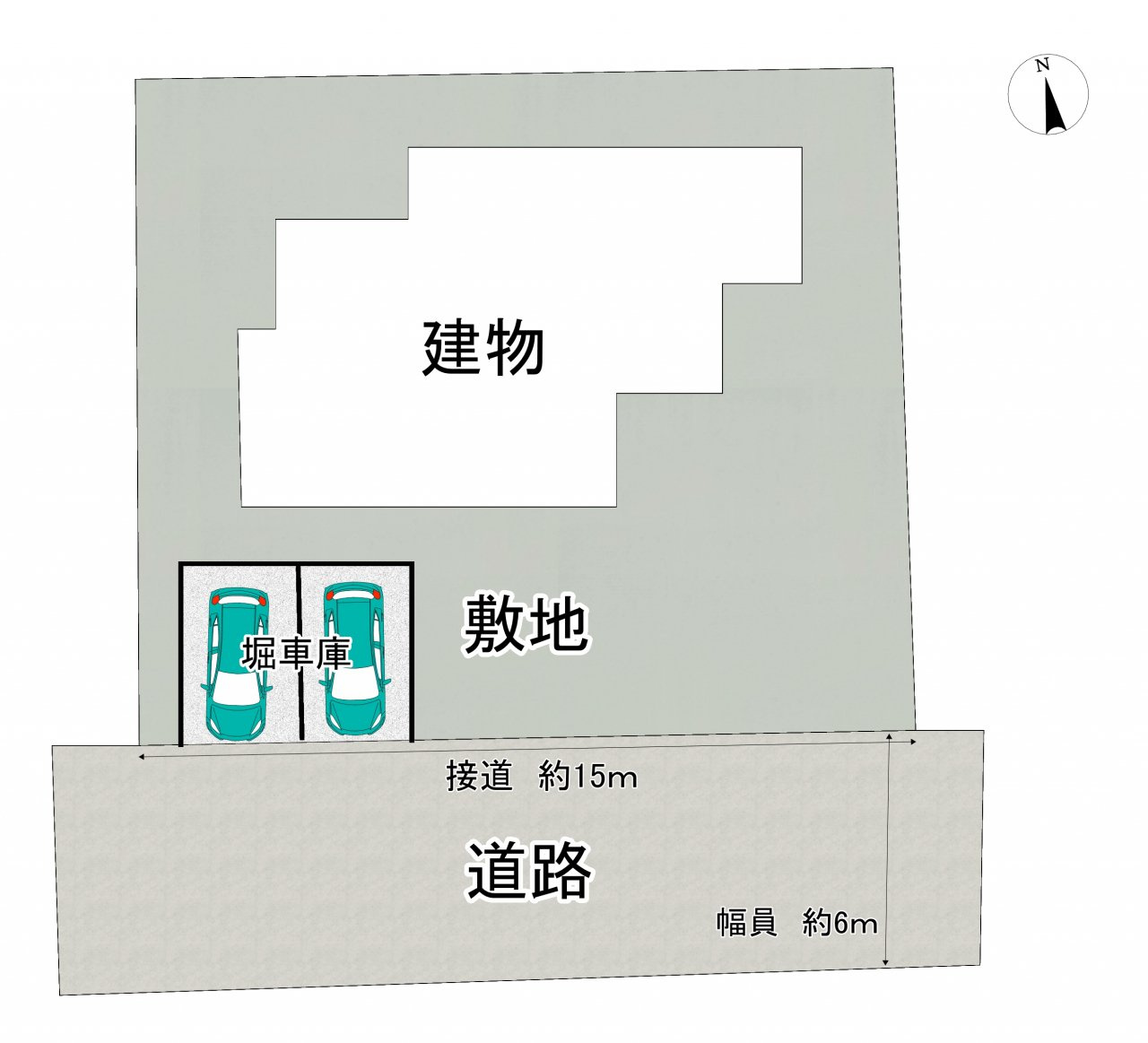 下松市生野屋西３丁目　戸建ての区画図|接道は約１５ｍ、前面道路は幅員約６ｍです。堀車庫並列２台駐車可能です。
