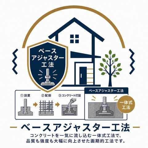 笠松町清住町分譲の構造・工法・仕様|ベースアジャスター工法。基礎は家を支える一番大切な部分。特許取得のベースアジャスターを使用。従来の3段階の工程をコンクリートを一気に流し込む一体式工法で、品質も強度も大幅に向上させた画期的工法です。