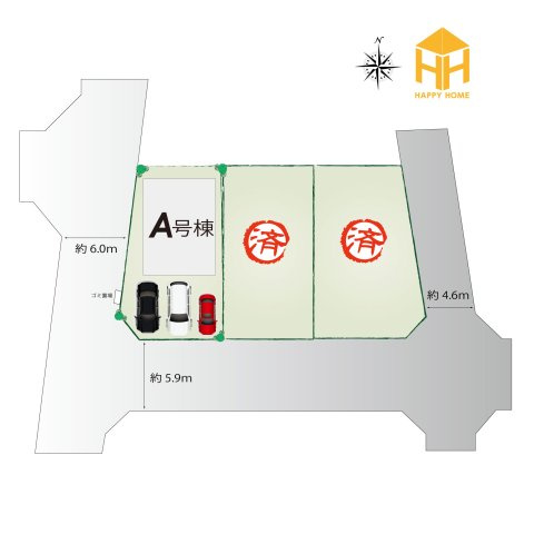 ハートフルタウン末成町新築一戸建て│4LDK+駐車3台可(車種制限あり)の区画図|※現況と図面が異なる場合現況を優先いたします。