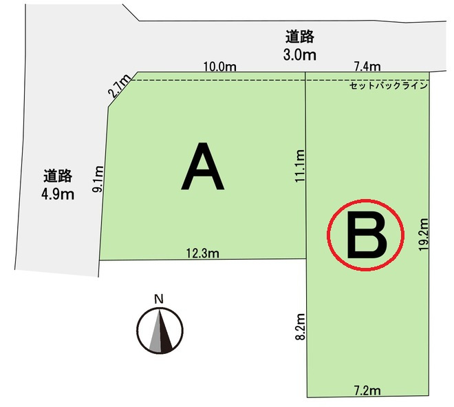 岐阜市西荘分譲B棟の区画図|限定１区画。駅近名鉄竹鼻線「西笠松」駅まで徒歩1分（60ｍ）