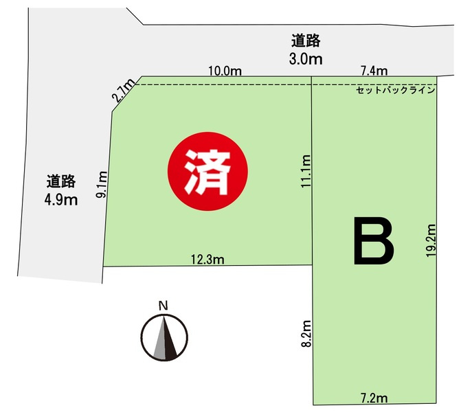 岐阜市西荘分譲B棟の区画図|最終１区画。岐阜バス「東鶉」歩5分～6分
