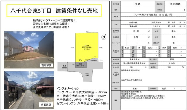 【土地図】 | 【仲介手数料無料】八千代市八千代台東　建築条件なし売地 | 仲介O円団では掲載物件以外も仲介手数料無料にてご購入いただけます！