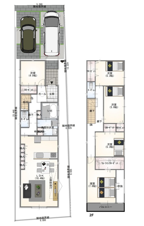 岐阜市加納南陽町分譲B棟の間取り|5LDK・リビング吹抜け・1階に洋室・パントリー・洗面2.5帖・主寝室南向き
