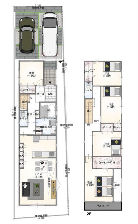 岐阜市加納南陽町分譲A棟の間取り|5LDK・リビング吹抜け・1階に洋室・パントリー・洗面2.5帖・主寝室南向き