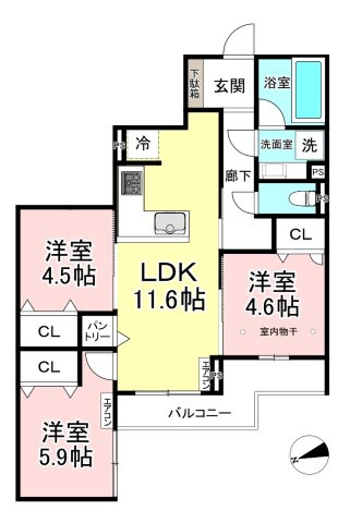【間取り】 | 【新築】(仮称)フォレ　アベニール | ファミリーさんにオススメの3LDKタイプ！なんと言っても角部屋なのが嬉しい♪全室洋室でお掃除もラクラク♪