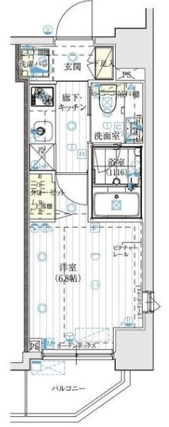 Le-lionル・リオン大鳥居の間取り|間取り　南向きバルコニー南東角部屋1K洋室6.8帖バストイレ別独立洗面台ー
