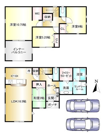 葛城市葛木3期 全2棟 の間取り|4LDK　土地面積：130.07ｍ2　建物面積：115.02ｍ2　駐車２台可