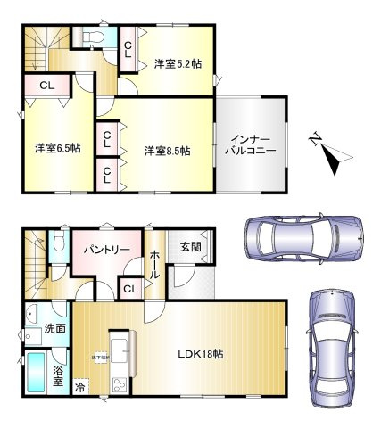 香芝市穴虫 第8全2棟の間取り|3LDK+パントリー　土地面積：141.95ｍ2　建物面積：107.73ｍ2　駐車２台可