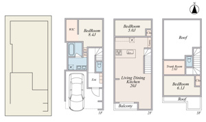 【土地図＋建物プラン例】 | LDK20帖+WIC+書斎+車庫付3LDKプラン(建物面積105.06平米、建物価格3980万円)