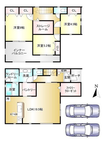 葛城市葛木3期 全2棟 の間取り|3SLDK　土地面積：130.07ｍ2　建物面積：120.69ｍ2　駐車２台可