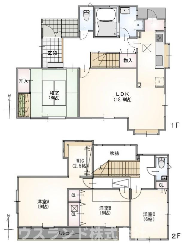 八王子市城山手 中古戸建ての間取り|ご家族みんなでゆったりと過ごせる、広々としたLDKが魅力的な間取りです！各居室に収納スペースをしっかりと確保しており、お部屋を広く使えます。和室もあり、小さなお子様のお昼寝スペースにもぴったりです♪