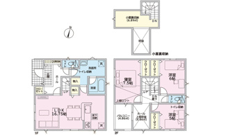 【間取り】 | 呉市川尻町東4丁目（全1棟） | 16.75帖のLDKを中心に、全室に収納を備えた3LDK+小屋裏収納の間取りです。2階寝室には上部ロフトがあり、吹抜を介して開放感を演出。水回りが1箇所に集約された家事動線の良い設計が特徴です。