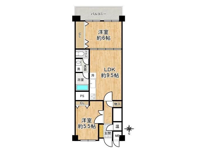 野江センチュリーマンションの間取り|中古マンション　2LDK　専有面積：53.10㎡（壁芯）　バルコニー面積：5.40㎡　南向き