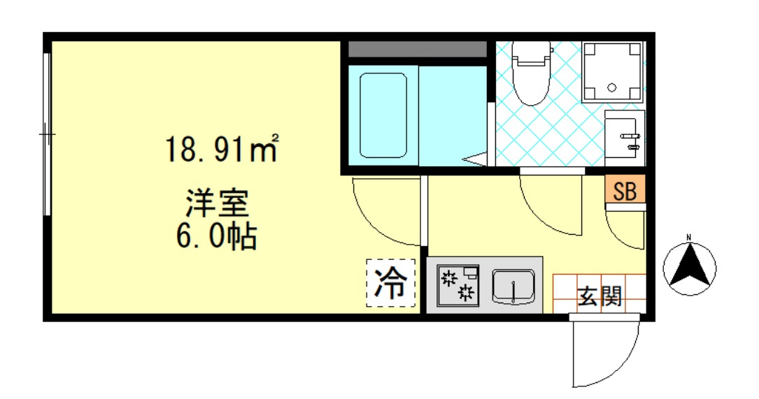 ムーンテラス多摩川の間取り|西向き洋室6帖の1Kバストイレ別独立洗洗面台！