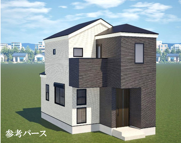 中区大平町　新築戸建ての外観パース|ベースカラーを2色にしたおしゃれな外観のコンパクト住宅！公園も目の前の好立地！