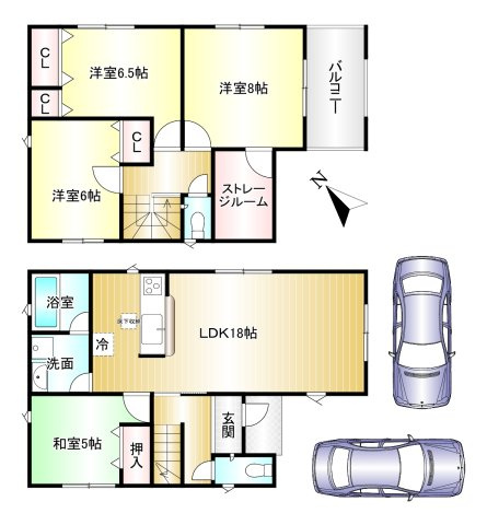 香芝市穴虫 第8全2棟の間取り|4LDK　土地面積：141.96ｍ2　建物面積：108.54ｍ2　駐車２台可