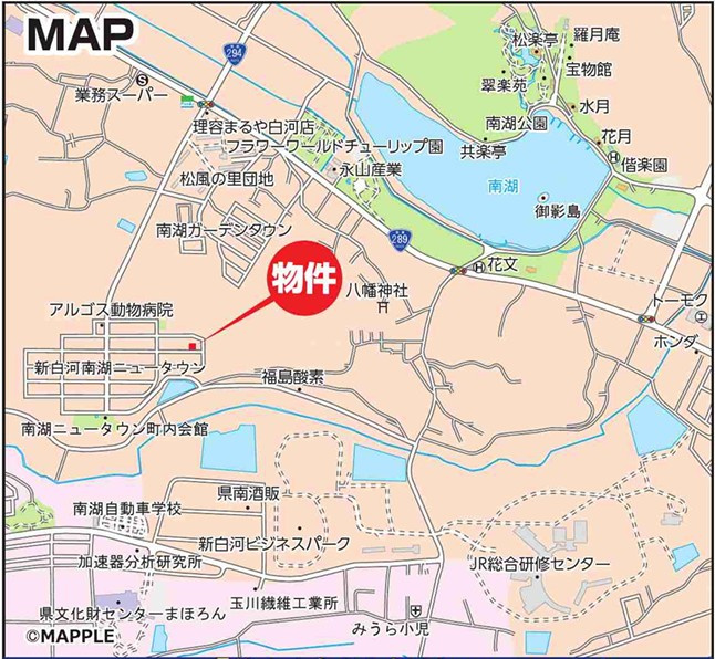 【建築条件なし売地】　白河市影鬼越　白河第一小・白河南中の地図|現地案内図