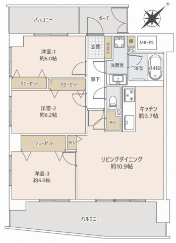 ライオンズマンション市川広尾の間取り|3LDK 専有面積75.06㎡　バルコニー面積21.00㎡　ポーチ面積4.05㎡　新規内装リフォーム完了で綺麗な室内で新生活をスタートできます。ポーチ付きでプライバシー感も高い魅力的なお住まいです。