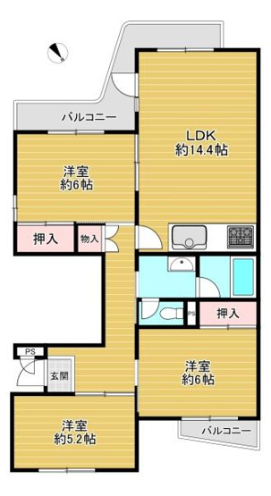 【間取り】 | 住道駅前住宅　10号棟　中古マンション | R8年11月リフォーム完成予定
・ユニットバス新調・トイレ新調・洗面化粧台新調・クロス貼替・床フロアタイル張・建具新調・給湯器新調