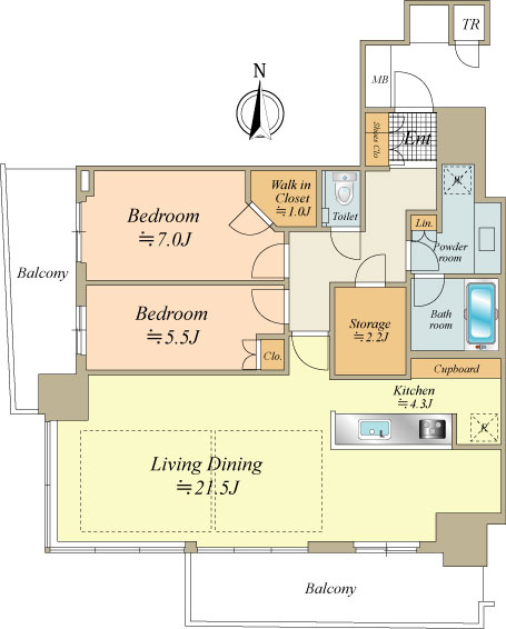 専有面積89.95平米、２LDK＋納戸（約2.2帖）＋WIC