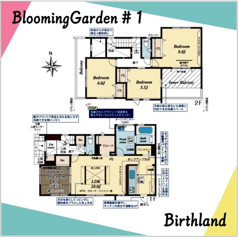 新築戸建・新築建売　福島市笹谷南一本松　笹谷小・信陵中の間取り|〈1号棟〉4LDK+パントリークローク　LDK20帖でゆったり！主寝室は8帖で広々としています！