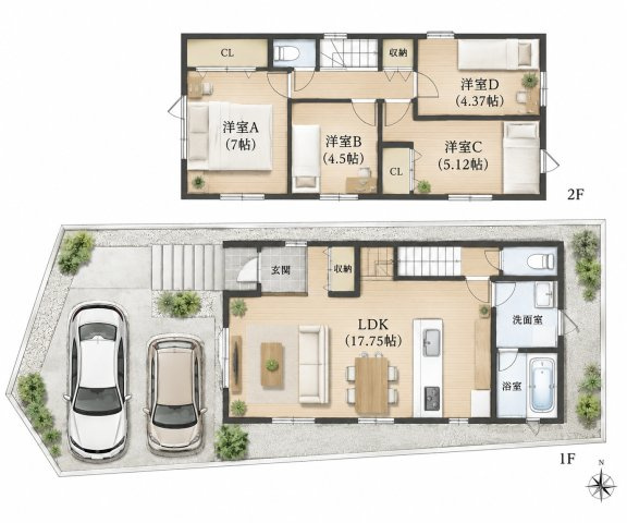 戸建 宇治市大久保町上ノ山の間取り|ゆったりとしたLDKを中心に、2階には4つの洋室を配置した4LDKプラン。家族それぞれのプライベート空間もしっかり確保できます。駐車スペースは2台分あり、子育て世帯にも使いやすい間取りです。