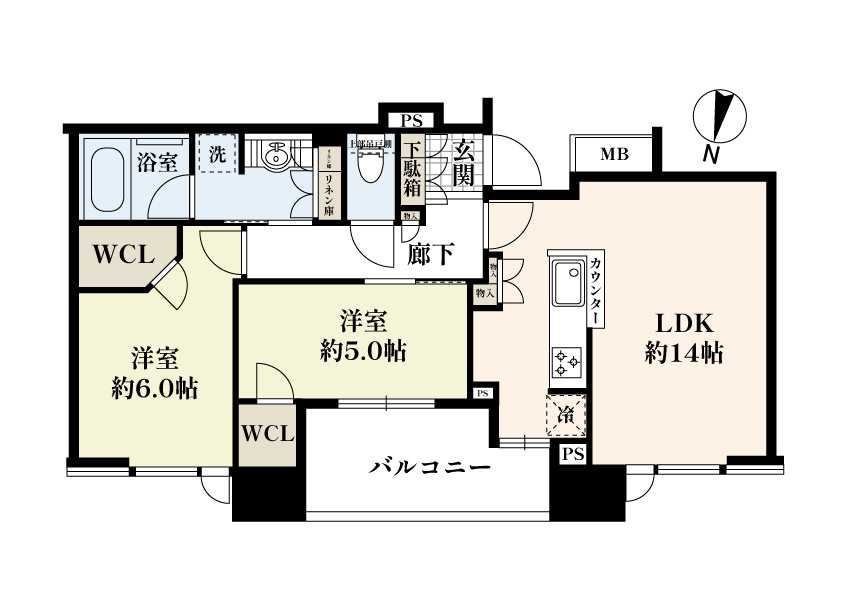 シティタワー梅田東の間取り|《2LDK＋2WIC》約11.8ｍワイドスパンで全室に開口部有り