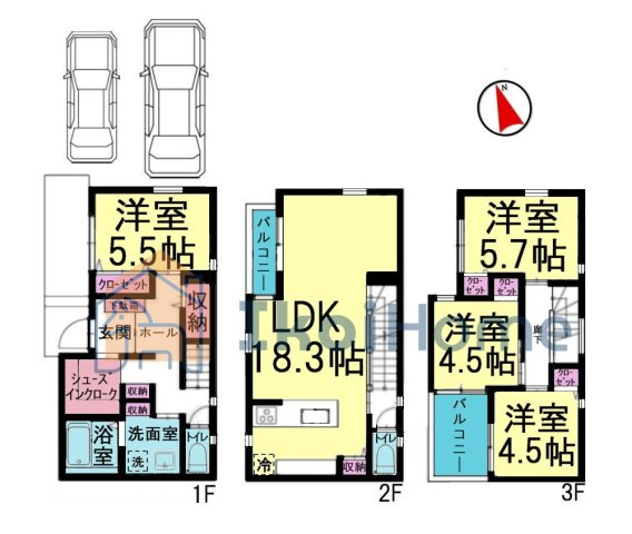 神戸市西区枝吉１丁目　新築戸建の間取り|リビング18.3帖で窓が５か所ございますので開放感溢れる設計です！SIC・パントリー完備で収納豊富♪