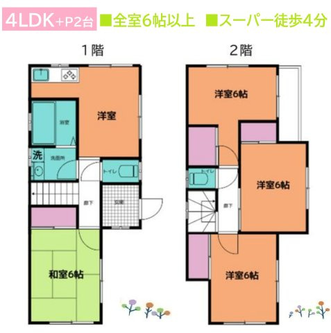 【間取り】 | 全室6帖以上とゆとりがあるので、インテリアの幅が広がります◎　　　
陽当たり＆風通しともに良好で、１日を通して快適に過ごせます♪