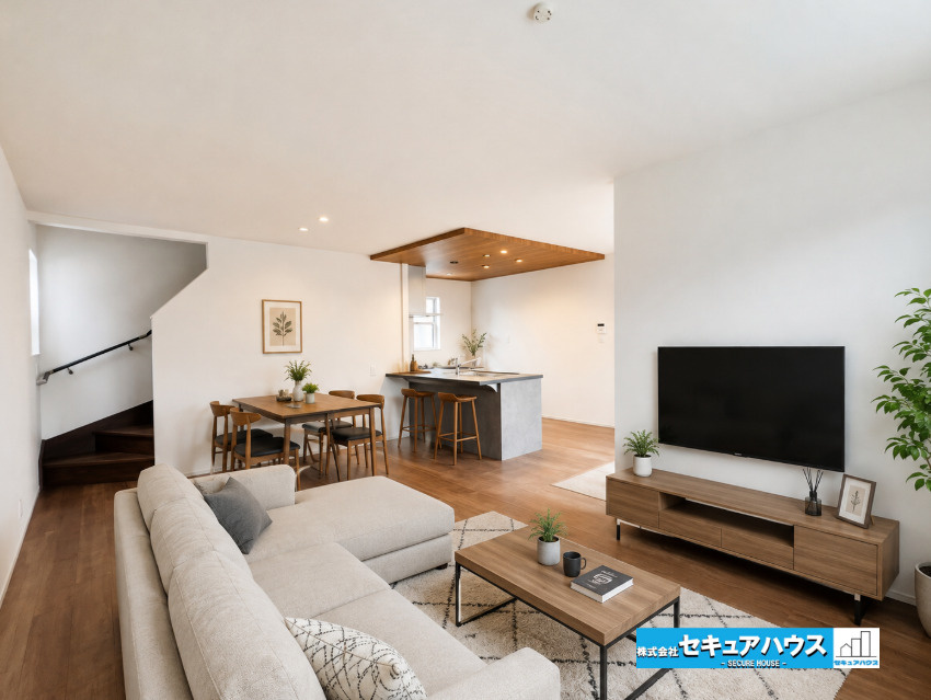 【同施工物件ご案内可能】日進市藤島町芝干　全1棟の内観：施工例|【LDKに家具を配置したイメージ図】
◆広々としたリビングのためダイニングテーブルや大きなソファを配置することが可能です♪
◆シンプルなデザインのため好きなテイストの空間をつくることができます。　　　