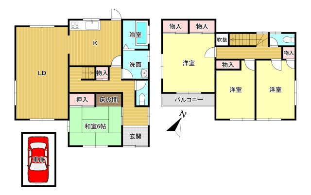 中古戸建　生駒市喜里が丘2丁目の間取り|4LDK　土地面積:194.38ｍ2　建物面積:107.64ｍ2　駐車1台可能