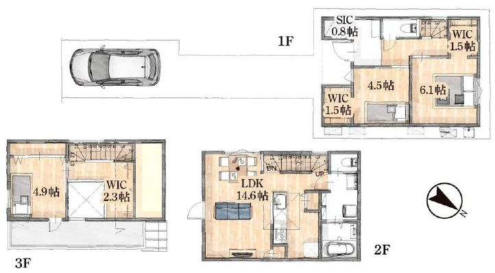 葛飾区細田4丁目新築分譲住宅の間取り|南道路！3部屋＋ウォークインクローゼット3か所＋シューズインクローゼット＋カースペース