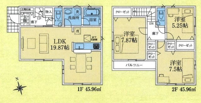 所沢市東狭山ヶ丘1丁目・全1棟　新築一戸建の間取り|南向きの広々LDK19.87帖、全居室2面採光の3LDK!