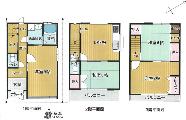 鶴見区今津北５丁目中古戸建の間取り|中古戸建　4DK　土地面積：43.97平米　建物面積：95.87平米　東向き