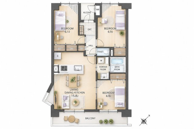 【間取り】 | 東峰マンション春日☆仲介手数料無料☆ | ※本図に表示されている家具・家電・照明・インテリア・観葉植物等は、AIによる配置イメージです。実際には設置されておらず、売買対象にも含まれません。図面と現況が相違する場合は、現況を優先いたします。