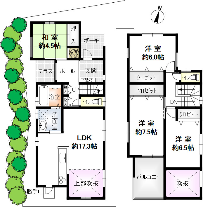 剣谷町戸建の間取り|各居室は二面採光＋収納スペース付